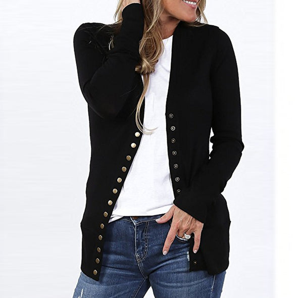 New Solid Color V-Neck Long-Sleeved Button Knit Cardigan