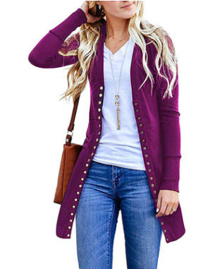 Fashion Long Button Solid Color Cardigan