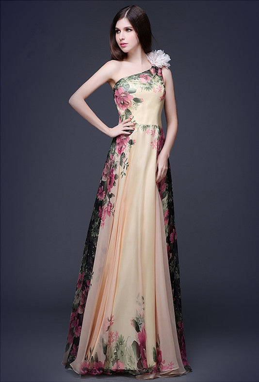 Women's fashion one-shoulder print evening dress