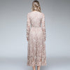 Fashion V-Neck High Waist Hollow Lace Long Sleeve Dress