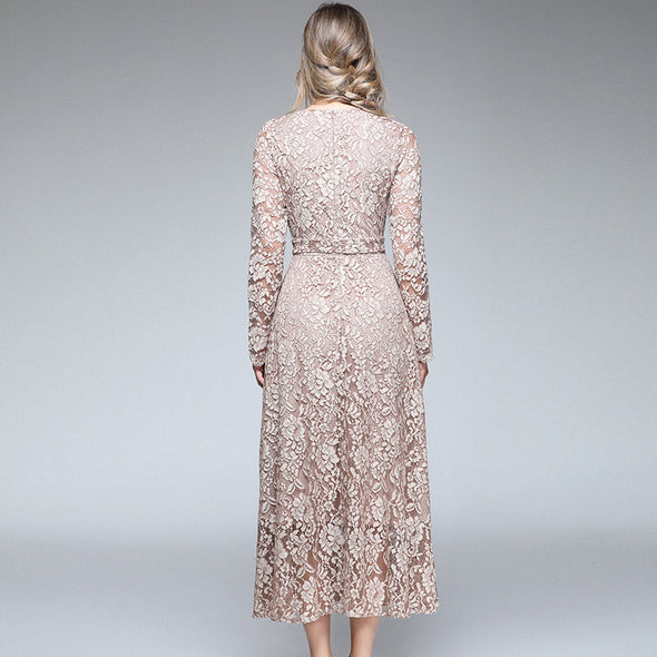 Fashion V-Neck High Waist Hollow Lace Long Sleeve Dress