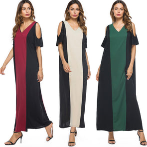 Fashion Color Stitching V-Neck Off Shoulder Maxi Dress