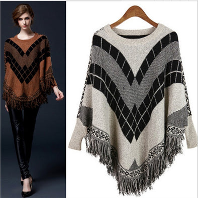 Fashion Striped Batwing Sleeve Tassel Knitting Cloak Coat