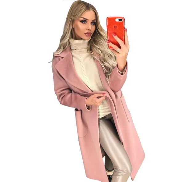 Fashion Lapel Bandage Pure Color Plush Coat