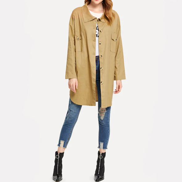 Fashion Button Long Sleeves Free Belt Windbreaker Coat