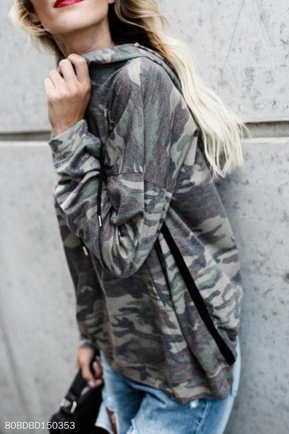 Drawstring Kangaroo Pocket  Camouflage Hoodies