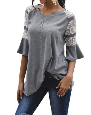 Mid-Sleeve Stitching Lace Trumpet Sleeve T-Shirt