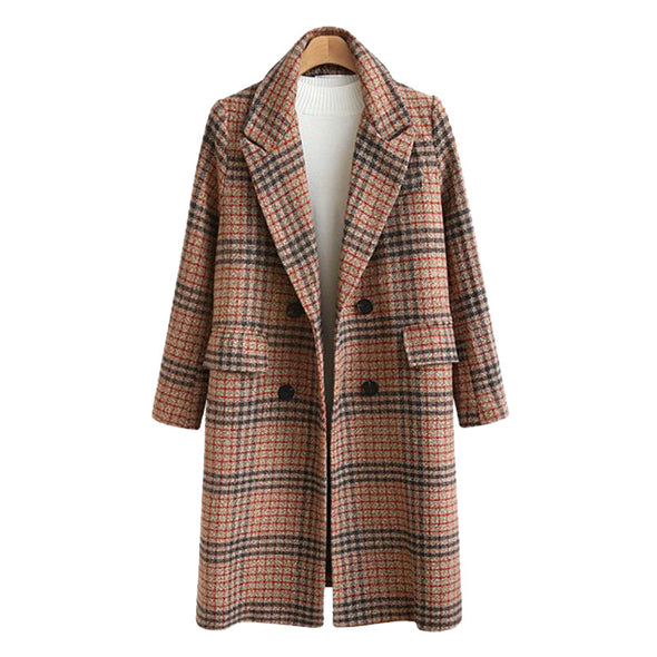 Fashion Check Long Sleeve Lapel Woolen Coat