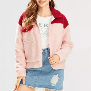 Plush Colorblock Zipper Pocket Patch Coat