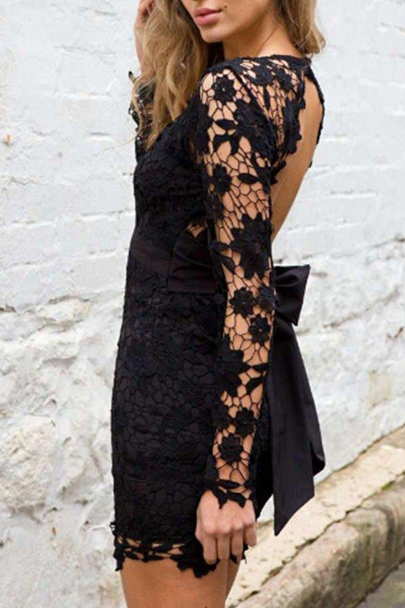 Lace Deep V-Neck Backless Hollow Out Bodycon Dress