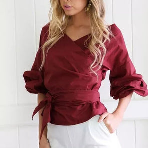 Women's V-neck Lantern Sleeve Shirt