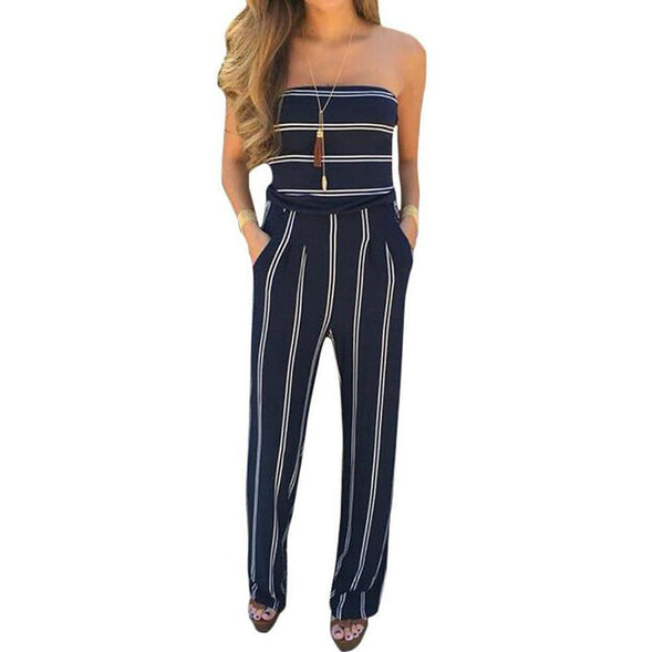 Blue Fashion Stripe Print Backless Jumpsuits