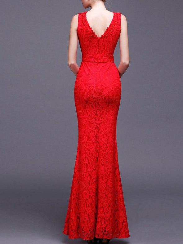 Celebrity V-Neck Plain Lace Mermaid Evening Dress