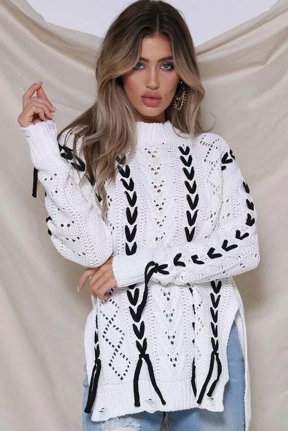 Bandage Openwork Split Round Neck Sweaters