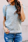 Round Neck  Beading  Patchwork  Puff Sleeve Sweaters