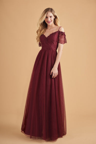 Lace Solid Color Off Shoulder V-Neck Evening Dresses