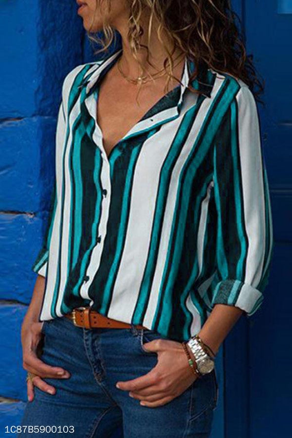 Turn Down Collar  Asymmetric Hem Single Breasted  Striped  Blouses