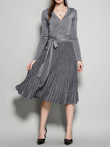 Women's New V-Neck Long Sleeve Knit Silk Pleated Dress