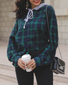 Contrast Plaid Pocket Hooded Drawstring Sweatshirt