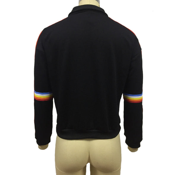 Zipper Long Sleeve Rainbow Strip Loose High Collar Sweater