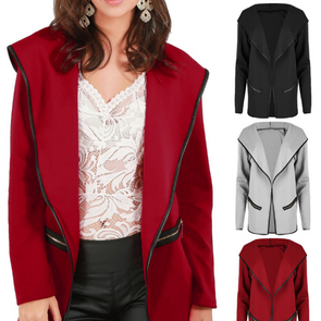 Pure Color Patchwork Long Sleeve Hooded Woolen Cardigan Coat