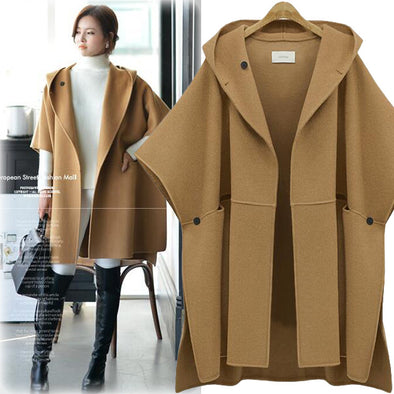 Hooded Batwing sleeve long woolen coat