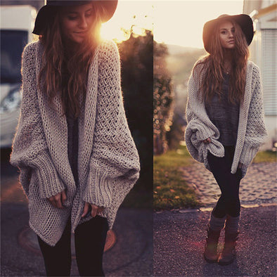 Fashion Solid Batwing Sleeve Knitting Cardigan Sweater