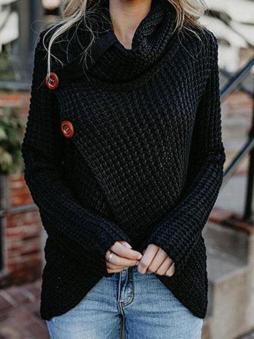 Asymmetric Neck Asymmetric Hem Plain Sweaters Pullover