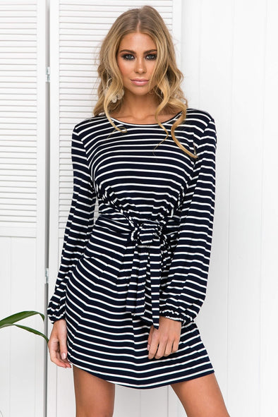 Lace-up Striped Long Sleeved Dress