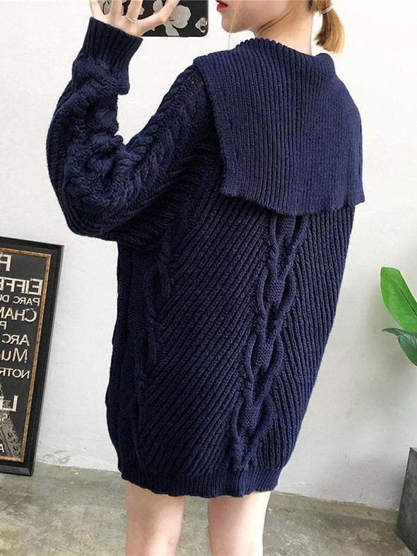 Lapel Navy-blue Long Sleeves Sweater Tops