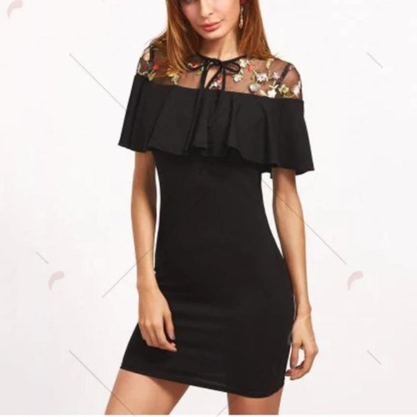 Sexy Mesh Embroidery Ruffled Short Sleeve Bodycon Dresses