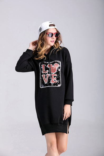 New Hooded Sequin Print Long Sleeve Velvet Sweatshirt