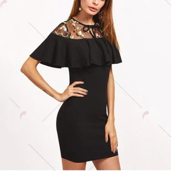 Sexy Mesh Embroidery Ruffled Short Sleeve Bodycon Dresses