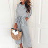 Round Neck Long Sleeve Stripes Lace Up Jumpsuits