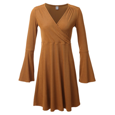 Solid Color Long Sleeve V-Neck Knit Dress