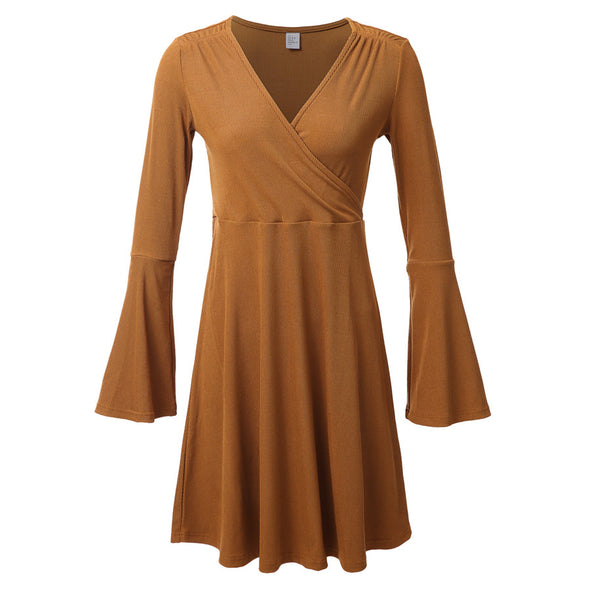 Solid Color Long Sleeve V-Neck Knit Dress