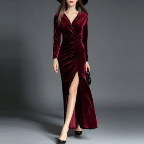 Elegant Split Velvet Evening Dress