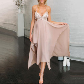 Spaghetti Strap Glitter Asymmetric Hem Plain Evening Dress