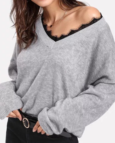 Loose V-Neck Splicing Long-Sleeved Sweater