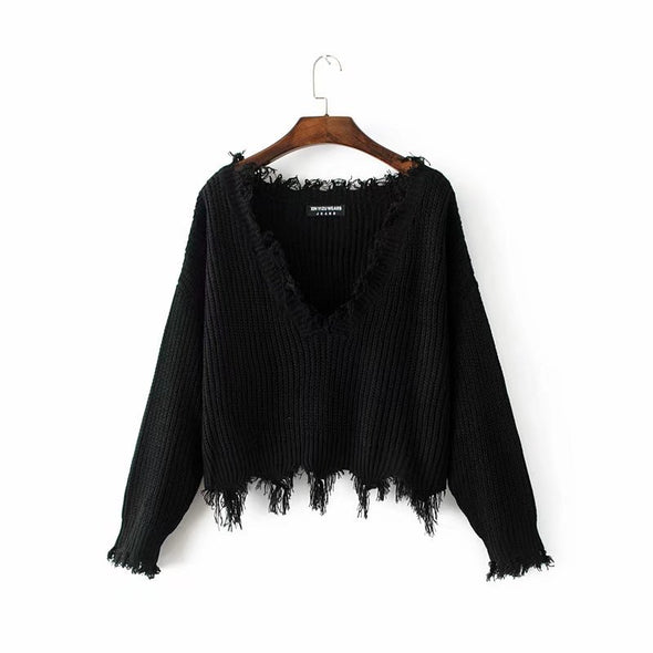 Fashion V-Neck Backless Tassel irregular Knitting Sweater