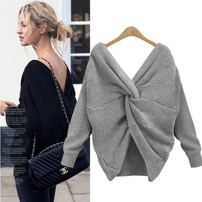 V-Neck Long Sleeve Knotted Halter Sweater