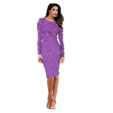 Dots Round Neck Long Sleeve Slim Bodycon Dress