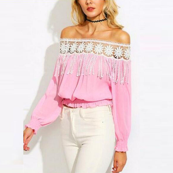 Pink Off Shoulder Long Sleeves T-Shirt Blouse