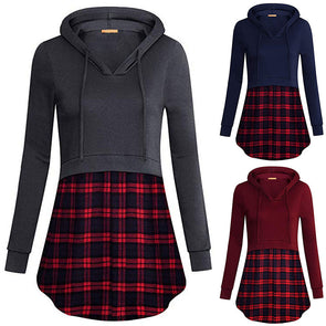 Long Sleeve Hooded Plaid Stitching Casual Irregular Sweatshirt