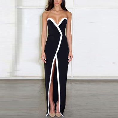 Sexy Split Stitching V Collar Sleeveless Long Evening Dress