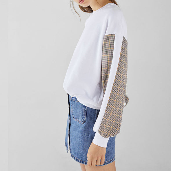 Casual Plaid Stitching Sleeve Long-Sleeved O-Neck Sweatshirt