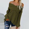 Elastic Off Shoulder Long Flare Sleeve Plain Pleated Loose T-Shirts