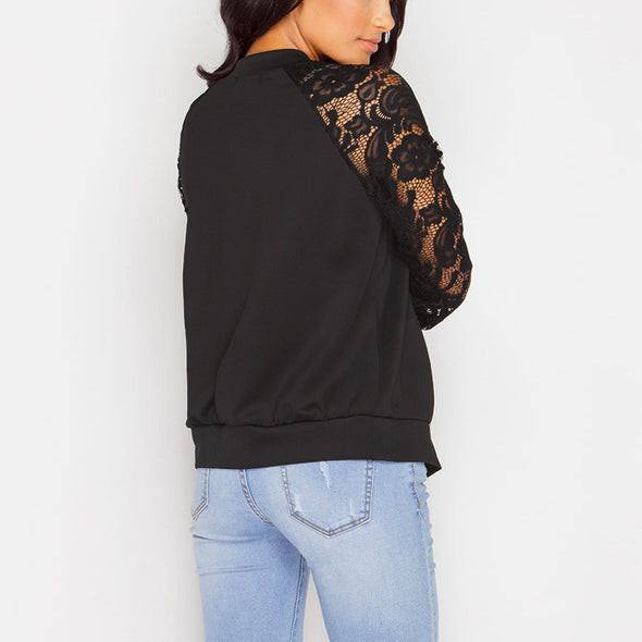 Solid Color Lace Long Sleeve Zip Jacket