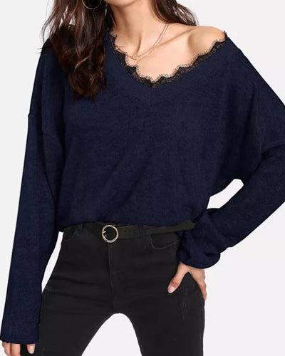 Loose V-Neck Splicing Long-Sleeved Sweater