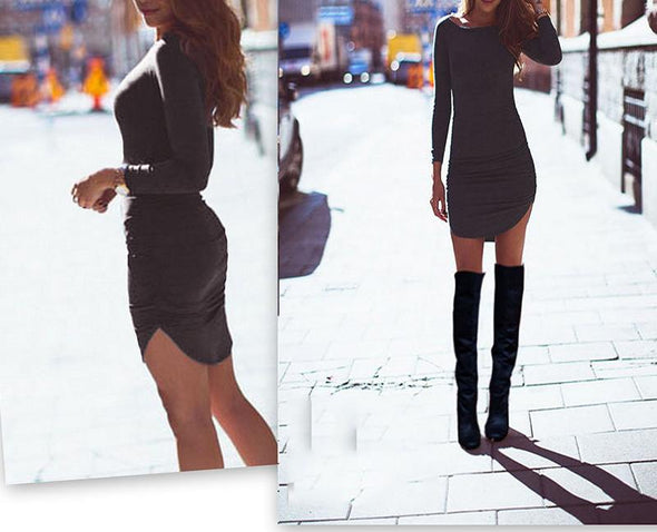 Sexy Solid Long-Sleeved Irregular Bodycon Dress